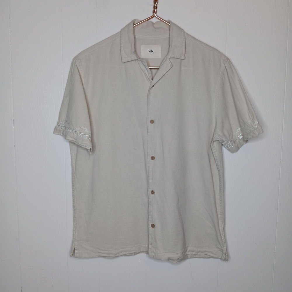 Folk Button Up Shirt Mens S Beige Camp Collar Linen Cotton Resort Yacht Coastal